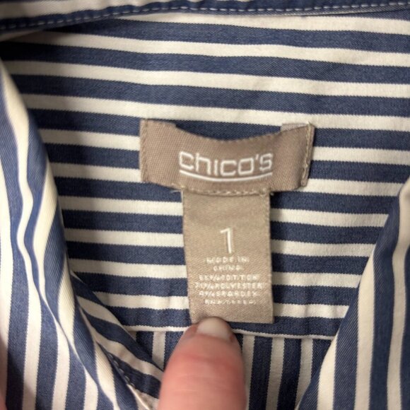 CHICOS Size 1 Button Up Collared Shirt Striped Roll Tab Sleeve Stretch Business - Picture 3 of 4